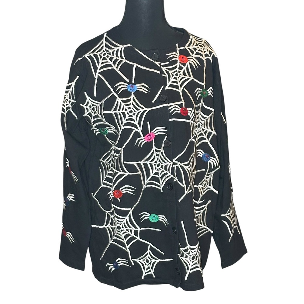 Michael Simon Lite Black Cotton Spiderweb Embroidered Halloween Cardigan S